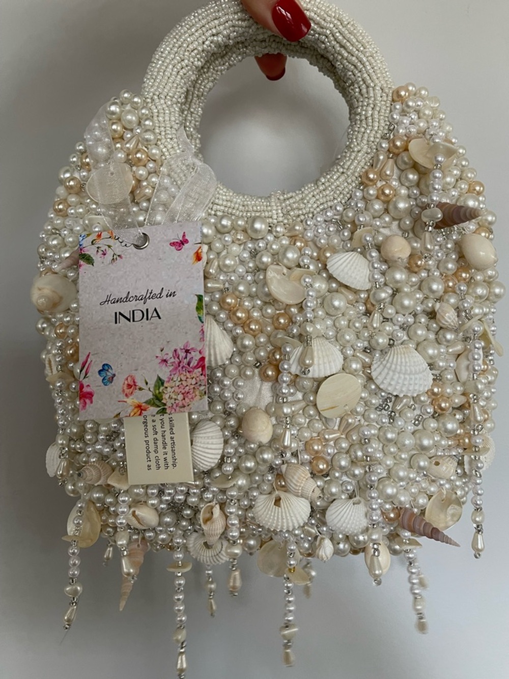 NEW Handcrafted Beaded Pearl & Shell Mini Tote